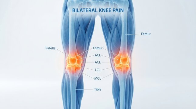 Medical illustration of bilateral knee pain showing anatomical structures including femur, patella, tibia, acl, mcl, and lcl on white background