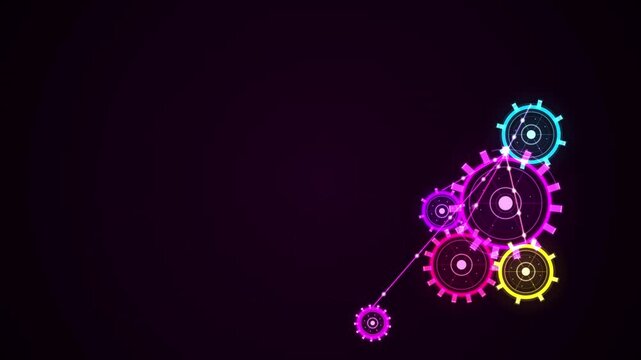 Neon 3d mechanical gears rotating animation loop background. 4K video Background.