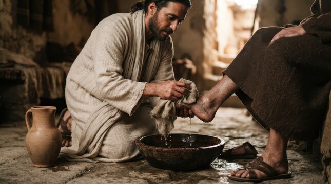 A man kneeling to wash another mans feet in a rustic setting, using a cloth and wooden basin, evoking a scene of humility and service reminiscent of ancient traditions or biblical narratives