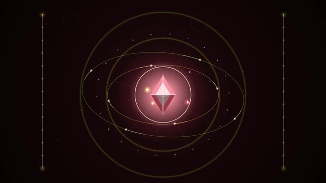 3d abstract pink glowing crystal nodes with orbital rings loop. 4K video Background.