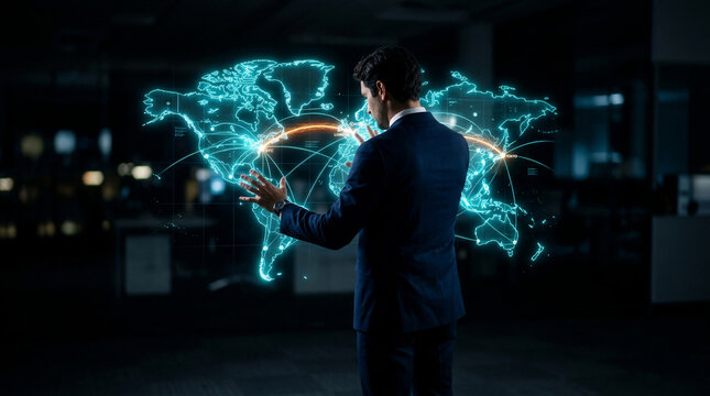 Global business leader interacts with an advanced holographic map, strategically managing interconnected data flows for international growth and technological innovation