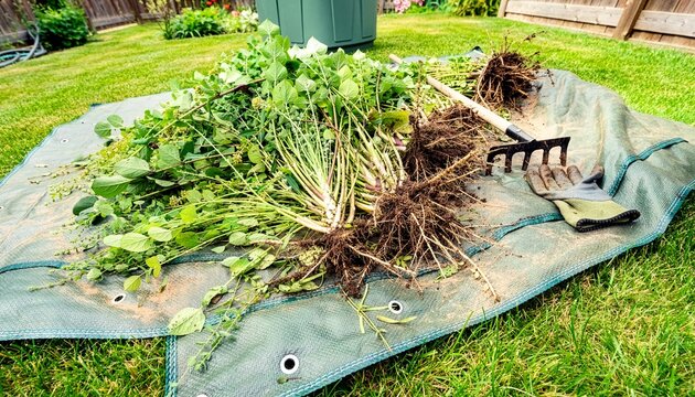 Collection of freshly uprooted weeds spread across a reusable garden tarp before being transferred to a compost pile, green grass, broadleaf weeds and exposed roots clearly visible.