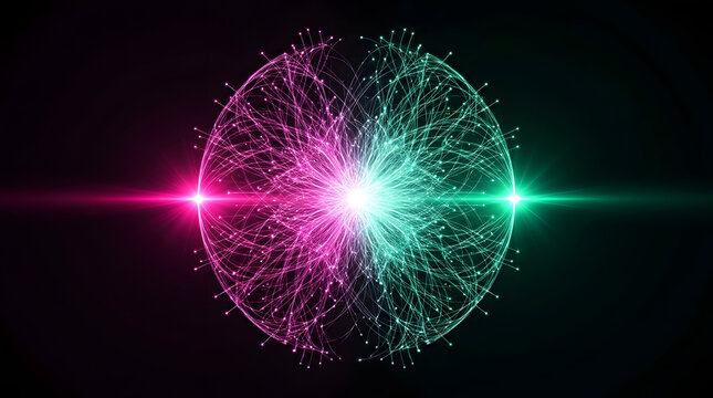 A d rendered digital graphic of a large spherical abstract structure composed of intricate glowing particle lines and nodes split vertically with bright lens flares against a dark black background