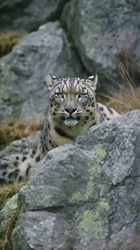 Snow leopard resting among rugged gray mountain rocks in a natural rocky habitat