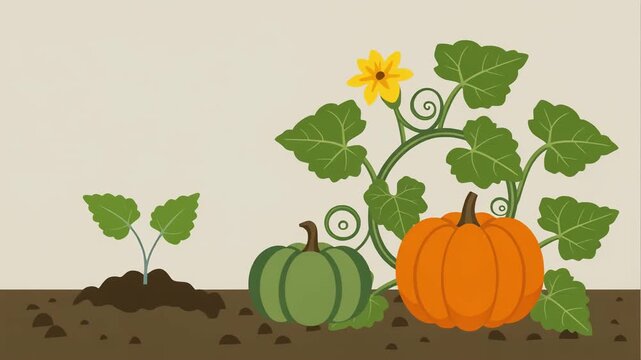2D vector animation showing the growth cycle of a pumpkin plant from seedling to vine