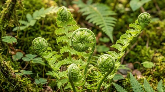 Vibrant green fern fiddleheads unfurling with new growth in a lush forest setting