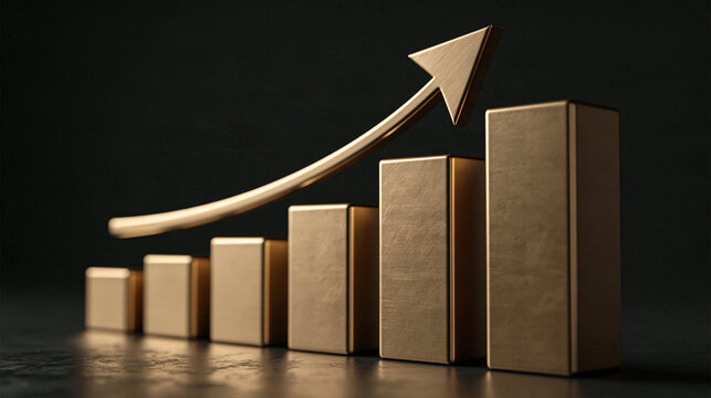 Growing Bar Chart: Gold arrow highlights ascending rectangular blocks, symbolizing progress and success.