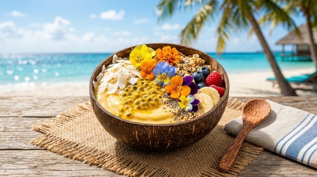 Vibrant Smoothie Bowl Overflowing with Tropical Fruits and Edible Flowers by the Beach