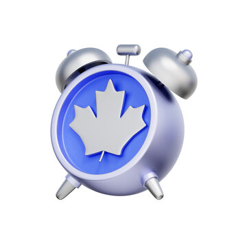 3D illustration of alarm clock with maple leaf for autumn season reminder, fall schedule, daylight saving time, seasonal planning, and timeline management.