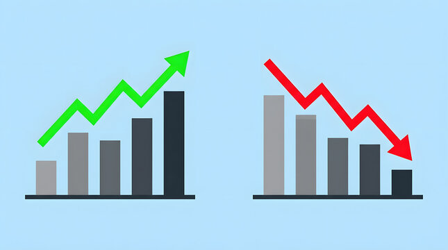 Two side-by-side financial bar graphs displaying an upward growth trend in bright green on the left alongside a downward decline trend in bright red on the right set against a solid light blue