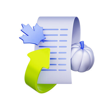3D illustration of paper receipt with arrow, pumpkin and maple leaf for autumn sale return, thanksgiving refund policy, fall shopping exchange, seasonal retail process, and transaction record.