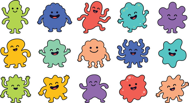 Cute cartoon abstract blob monster vector character set featuring happy smiling colorful amoeba bacteria and playful slime doodles