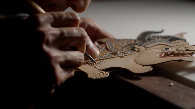 Masterful hands carve intricate details into a traditional Wayang Kulit puppet