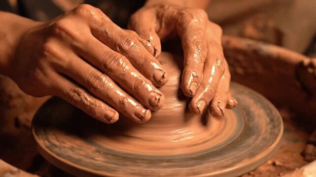 Close-up of a potter's hands expertly guiding and shaping raw clay on a fast-spinning wheel, demonstrating ancient craft