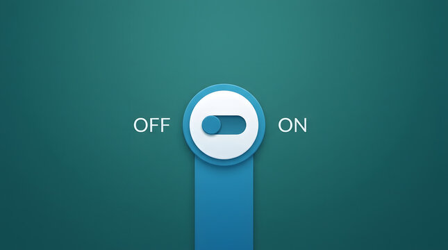 3D rendered ui toggle switch element set to off position with blue circular baseplate white button text off and on against a smooth teal green gradient background modern digital user interface design