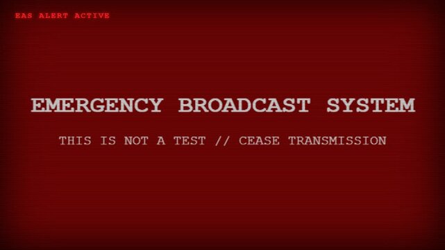 Emergency broadcast system text alert on retro screen with scanlines