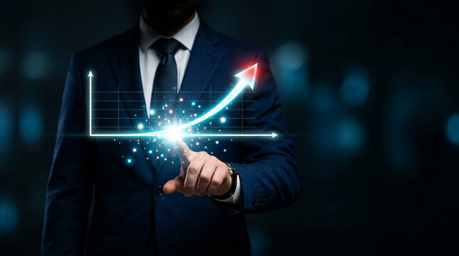 Executive pointing at a glowing holographic growth chart, signifying business expansion, economic prosperity, successful strategy implementation, and bright financial future prospects