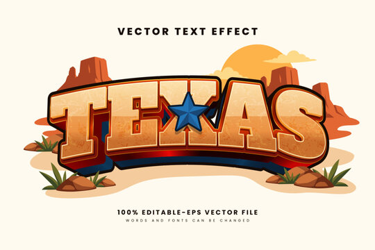 Editable vector text effect with a rugged Texas western and desert landscape concept, suitable for country branding, travel posters, badges, and promotional designs.