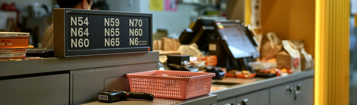 Checkout Queue: A person stands in a checkout line at a store, numbers displayed for payment order, indicative of commerce and retail.