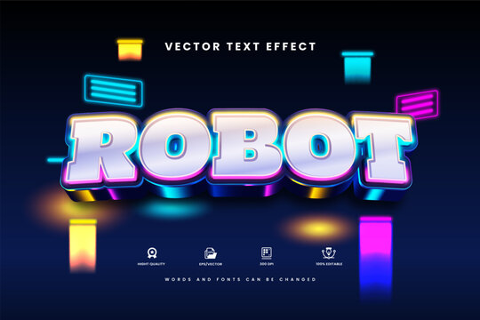 Editable vector text effect with a futuristic neon robot and cyber style, featuring glowing colorful lights, suitable for gaming, technology branding, and promotional designs.
