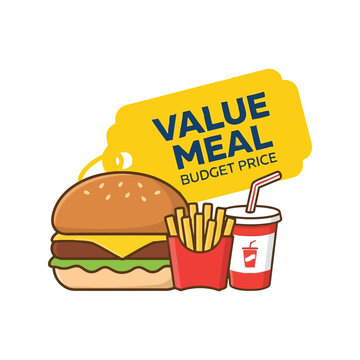Fast food value meal illustration with burger fries and drink for