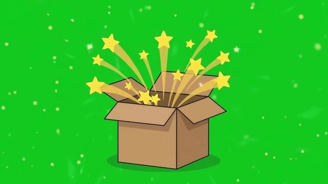 Brown Cardboard Box Opening with Bursting Golden Stars on Chroma Key Green