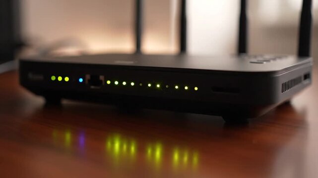 Modern Wi-Fi Router with Glowing LED Status Indicators on Wooden Table