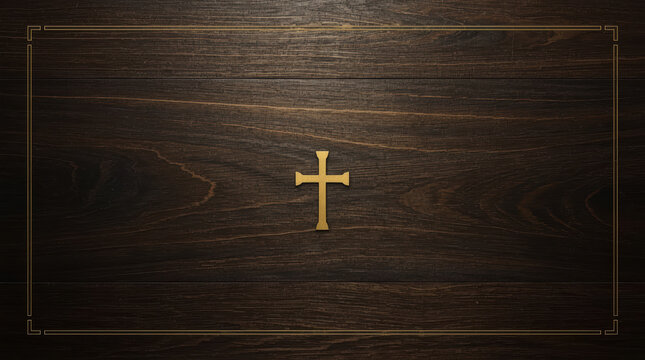 Luxury devotional template with golden cross on polished dark wood background