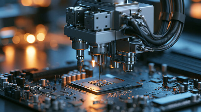 AI Microprocessor Assembly: Robotic arm precisely places a microchip onto a circuit board, showcasing technological innovation and manufacturing precision.