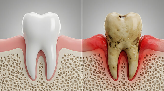 Side-by-side 3D medical illustration comparing a healthy white tooth in pink gums and jawbone to a decayed yellow tooth with dark plaque stains and a severe cavity surrounded by red inflamed gums