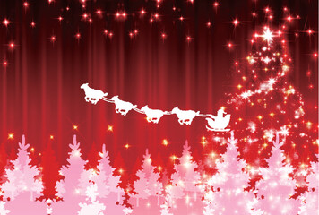 Fototapeta premium 雪の森の上空を飛ぶ動物のソリとクリスマスのきらめく光
