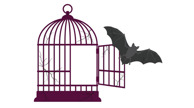 Flying bat escaping from an open cracked purple cage featuring detailed graphic vector artwork
