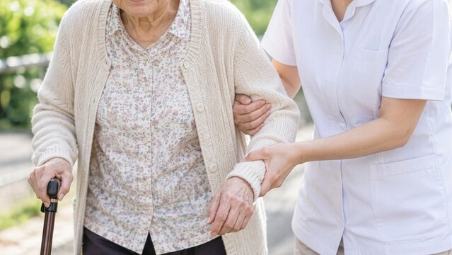 杖を使って歩く日本人の高齢女性の腕を支える介護スタッフ、歩行介助や高齢者支援のイメージ