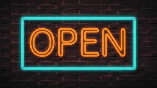 Retro Neon OPEN Sign Glowing on a Dark Brick Wall