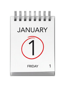 Spiral desk calendar showing january first friday with red circled date on transparent background