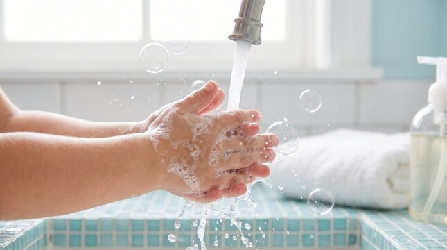 Child washing soapy hands under a running water faucet in a bathroom with soap bubbles and white towels