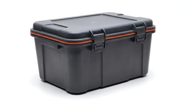 A modern grey plastic storage container showcasing unique Water proof bin designs isolated on a white background