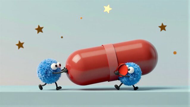 Two blue fuzzy creatures push a large red capsule under starry sky.