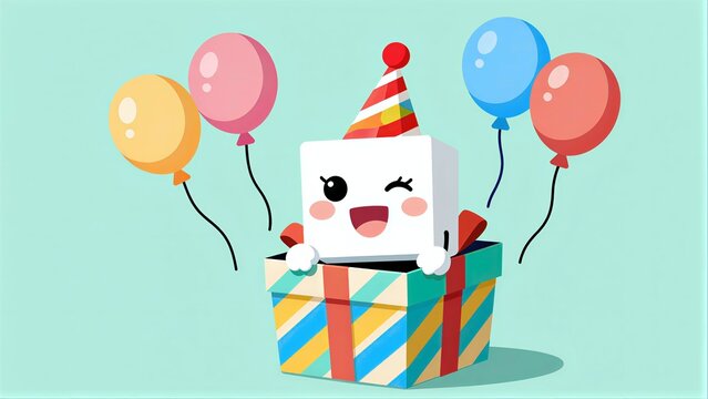 Happy cartoon character in birthday hat, peeking from colorful gift box with balloons.