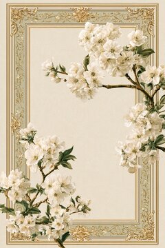 Wedding invitation frame with white cherry blossoms and ornate gold border with copy space