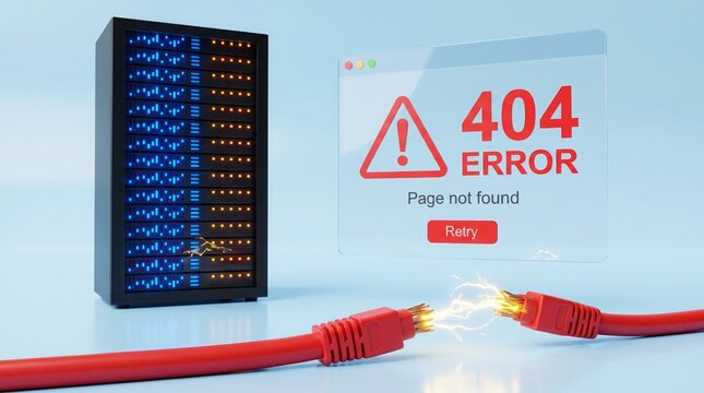 Modern server rack displaying glowing status lights beside a digital 404 error page with broken cables