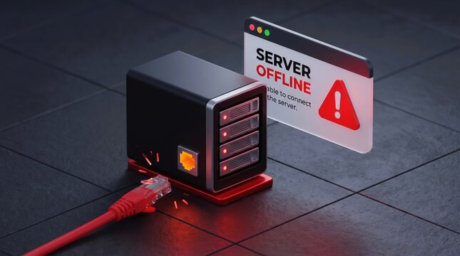 Server offline warning notification floating above a black mini server rack with connected ethernet cable