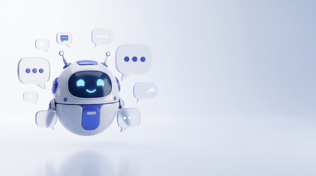 Cute friendly chatbot robot with smiling face surrounded by floating chat speech bubbles on white and soft blue background with copy space