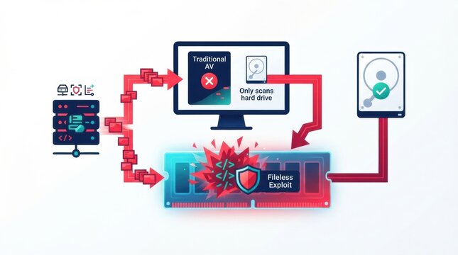 Visual representation of data breach processes showing fileless exploits and traditional antivirus limitations in computer systems