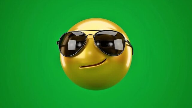 3D rendered yellow emoji character wearing cool sunglasses and a smirk on a green background