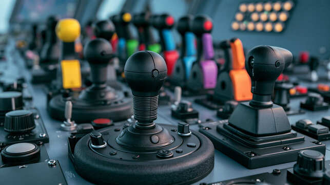Control Panel Interface: A close-up view of numerous joystick controllers on a control panel, showcasing intricate buttons and varied colors.