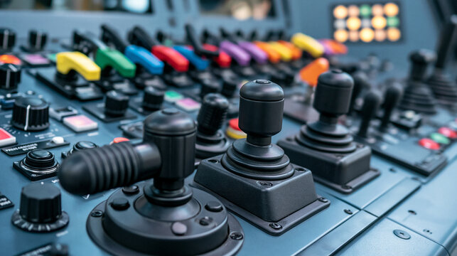 Control Panel Details: A close-up view of intricate controls and levers, symbolizing complex systems and technological operations with various colored knobs.