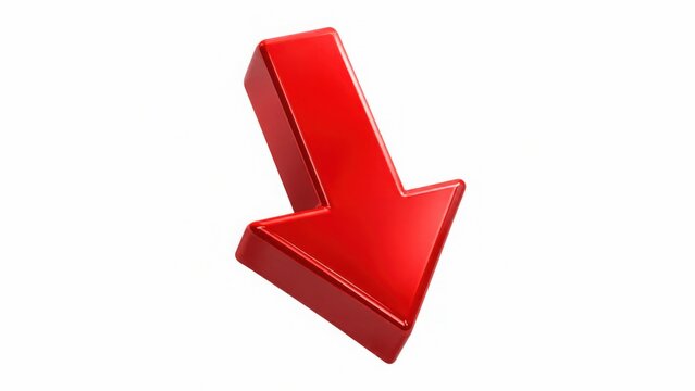 A glossy red 3D arrow pointing downwards at an angle, isolated on a clean and bright white