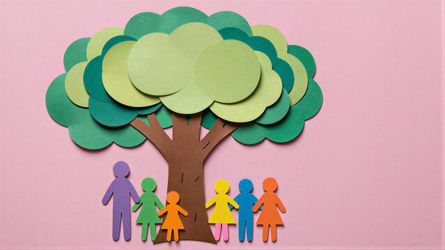Paper cutout family gathers under a colorful tree on pink background.