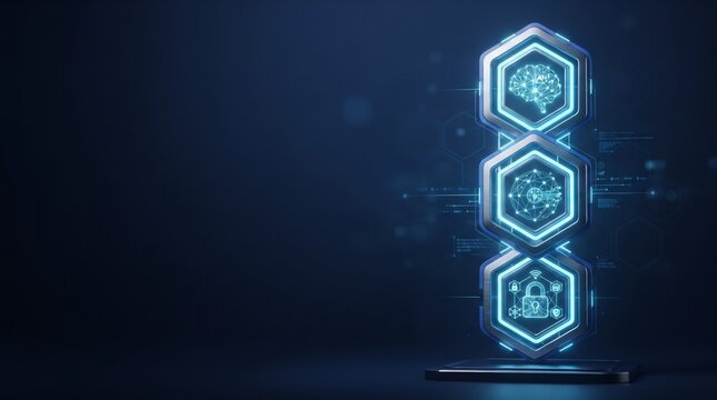 Three stacked hexagon modules with glowing AI brain, global network and security padlock icons on dark blue pedestal, AI technology concept with copy space